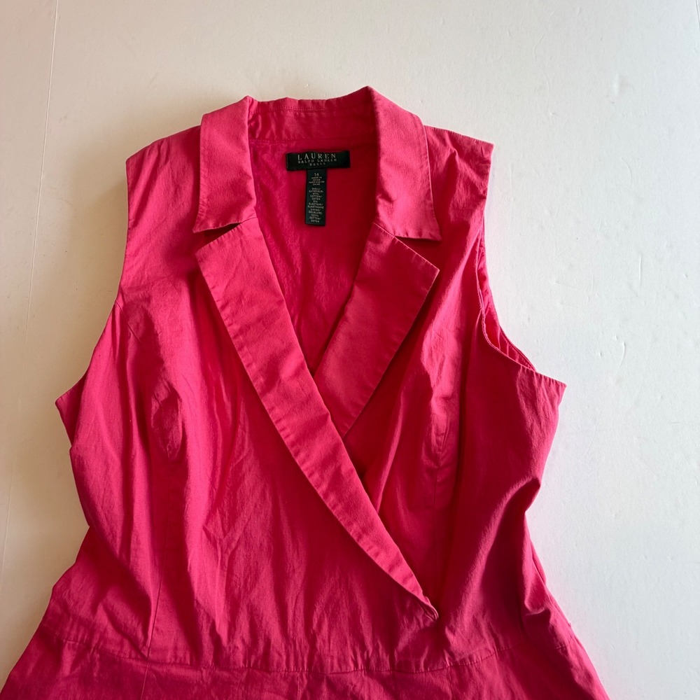 Lauren Ralph Lauren Pink Sleeveless Fit Flare Midi Dress Size 14 Cotton Surplice - Picture 6 of 7